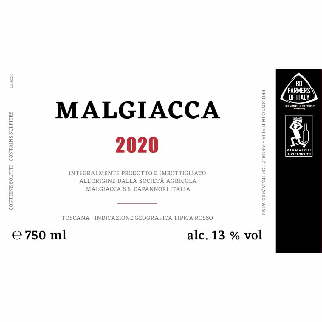Label Malgiacca 2020 a medium bodied Tuscan red wine from the Lucca area made from biodynamically farmed vinesSangiovese (50%), and Canaiolo, Ciliegiolo, Malvasia Nera, Barbera, Montepulciano, Chasselas, Merlot and Syrah.