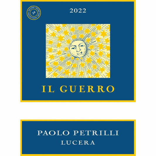 wine bottle label for Paolo Petrilli Il Guerro 2022 pure barrel aged Nero di Troia from Daunia Puglia, full bodied Italian red wine. Imported by Bat and Bottle