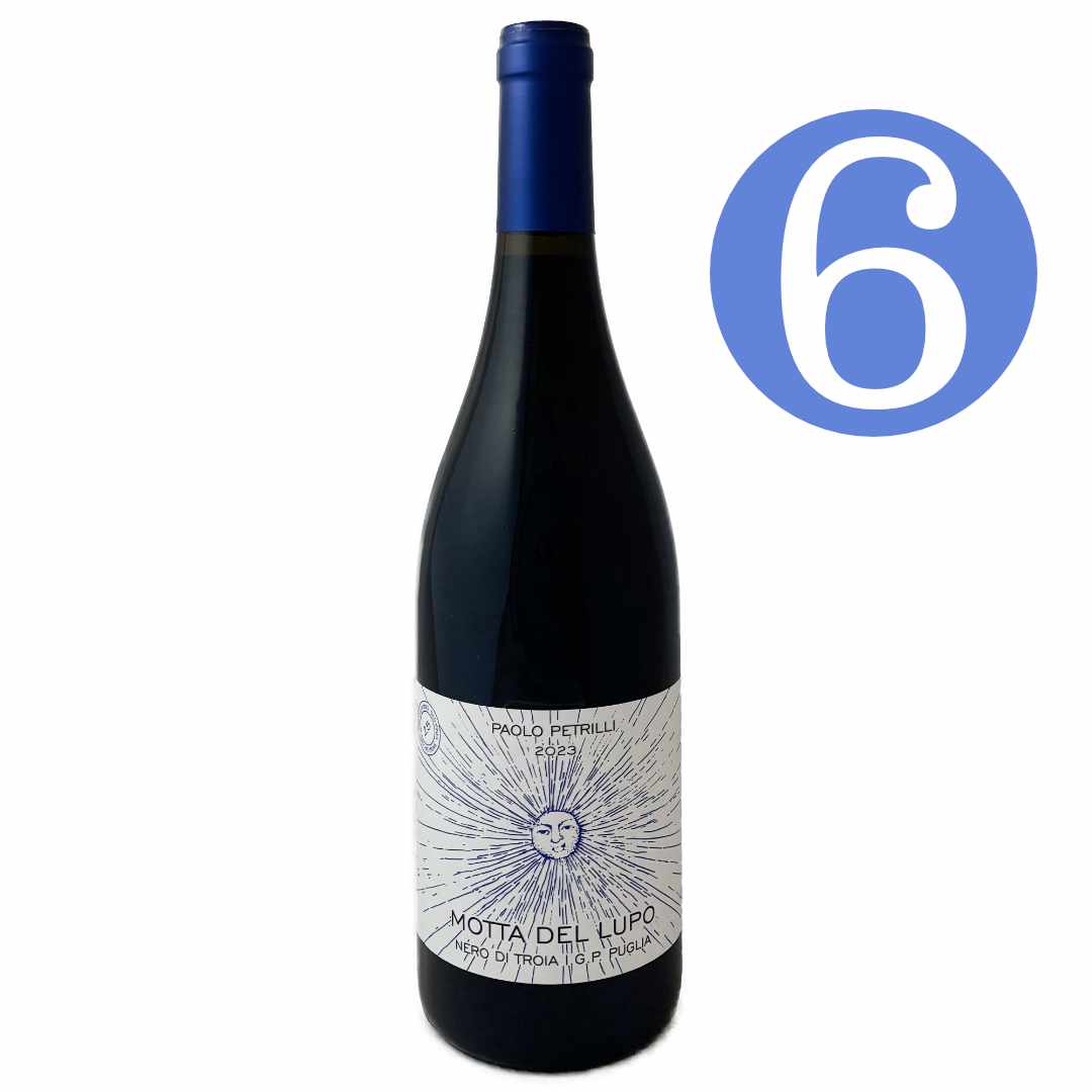 Paolo Petrilli Motta del Lupo Nero di Troia 2023 a medium to full bodied organic  artisan wine from Puglia in southern Italy this is the image for the 6 bottle case