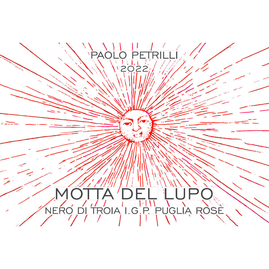 Label for Paolo Petrilli's 'Motta del Lupo' Cacce Mmitte di Lucera: Nero di Troia, Sangiovese, Montepulciano, Bombino Bianco. Medium bodied organic and vegan Italian red wine imported by Bat and Bottle