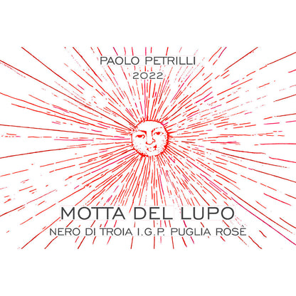 Label for Paolo Petrilli's 'Motta del Lupo' Cacce Mmitte di Lucera: Nero di Troia, Sangiovese, Montepulciano, Bombino Bianco. Medium bodied organic and vegan Italian red wine imported by Bat and Bottle