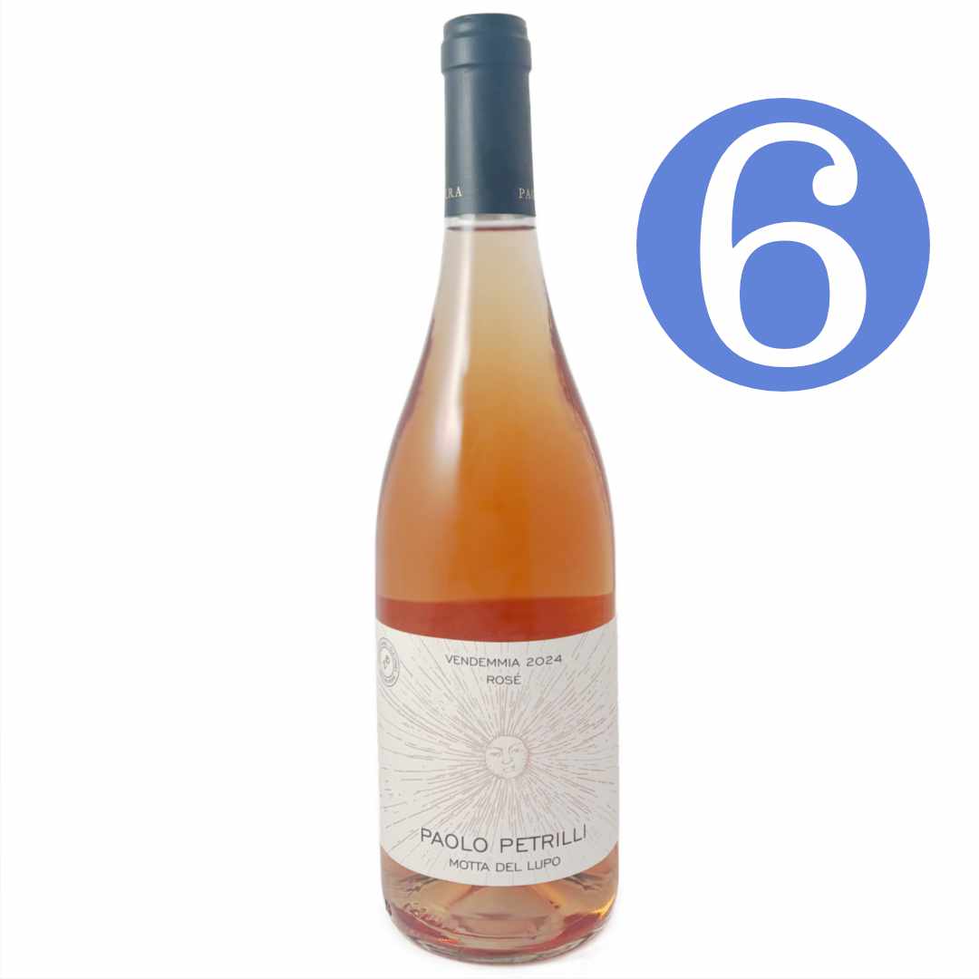 Paolo Petrilli La Motticella Motta del Lupo Nero di Troia Rose 2024 an Organic, Vegan certified dry rose pink wine from Daunia, in the northern part of Puglia which is also called Apulia in Southern Italy. An artisan wine made from the Nero di Troia grape 6 bottle offer imported by Bat and Bottle