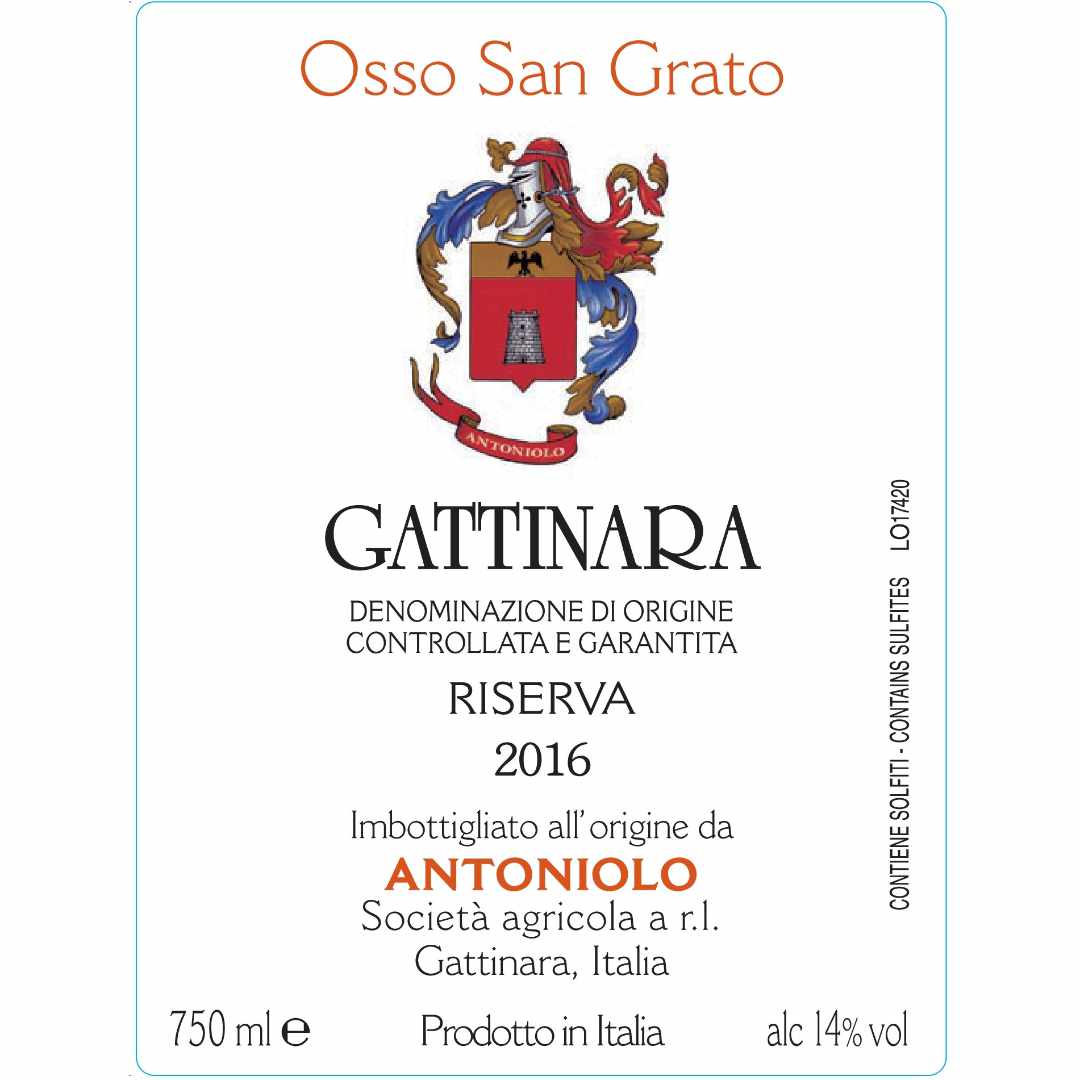 Antoniolo Gattinara Riserva cru 'Osso San Grato' Full bodied dry red wine made from Nebbiolo in the Alto Piemonte Italy