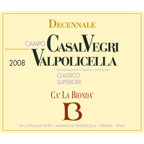 Wine Label Bionda. Valpolicella Classico Superiore 'Casal Vegri Decennale'