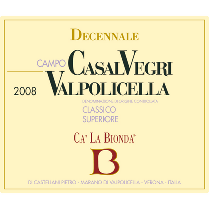 Wine Label Bionda. Valpolicella Classico Superiore 'Casal Vegri Decennale'