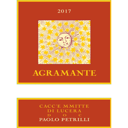 Paolo Petrilli Cacce Mmitte di Lucera Agramante 2017 Medium bodied Italian red wine from northern Puglia highly regarded by the Slow Wine Guide Wine Label