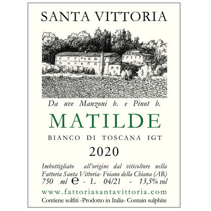 Santa Vittoria Matilde, a dry, slightly aromatic tuscan white wine made from Incrocio Manzioni and Pinot Bianco grapes