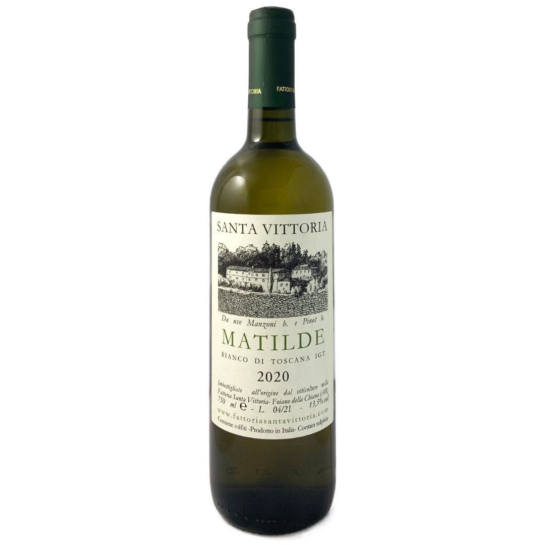 Santa Vittoria Matilde, a dry, slightly aromatic tuscan white wine made from Incrocio Manzioni and Pinot Bianco grapes
